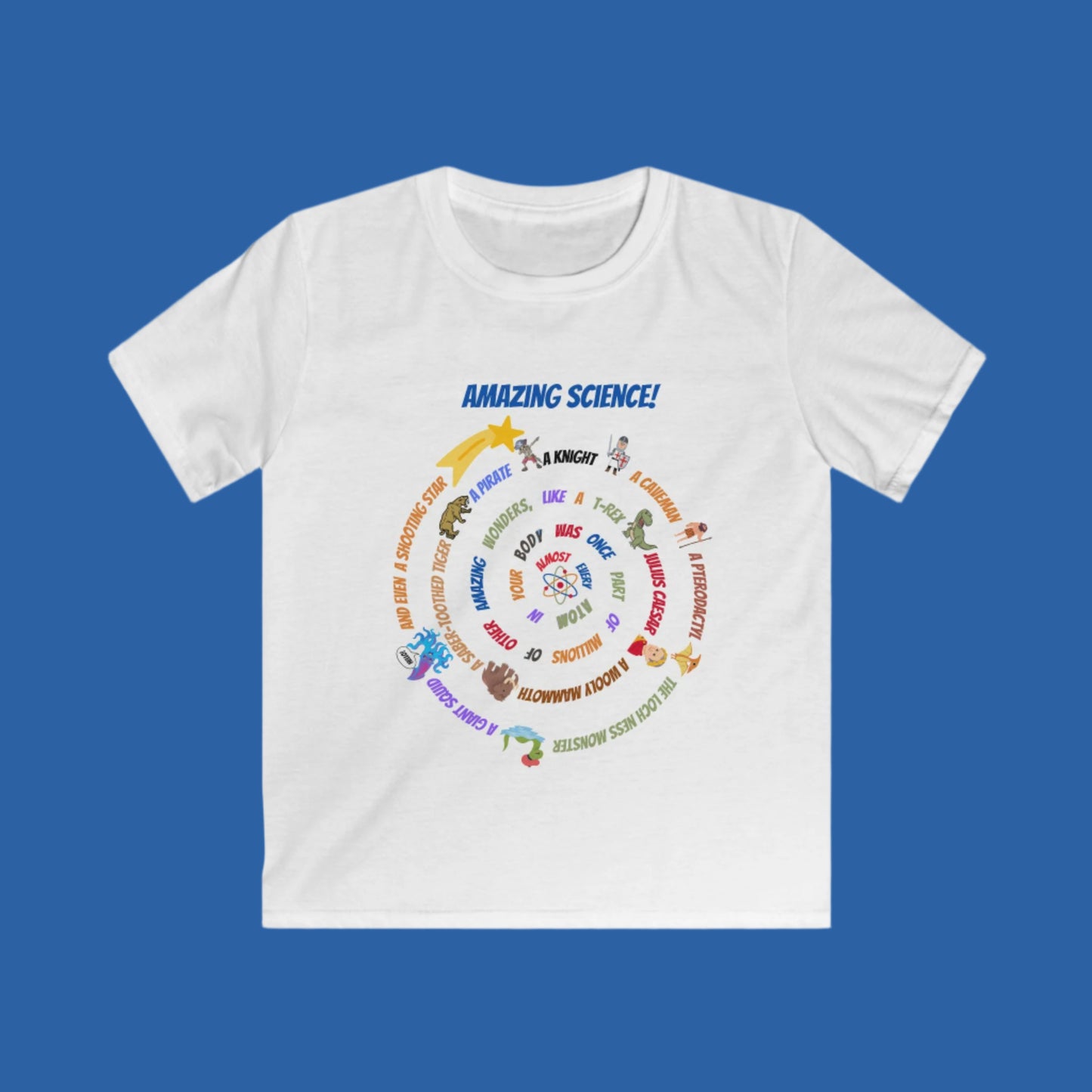 Kids' STEM T-Shirt: "Atoms with Amazing Wonders" – Woolly Mammoth, T-Rex, Shooting Star & More