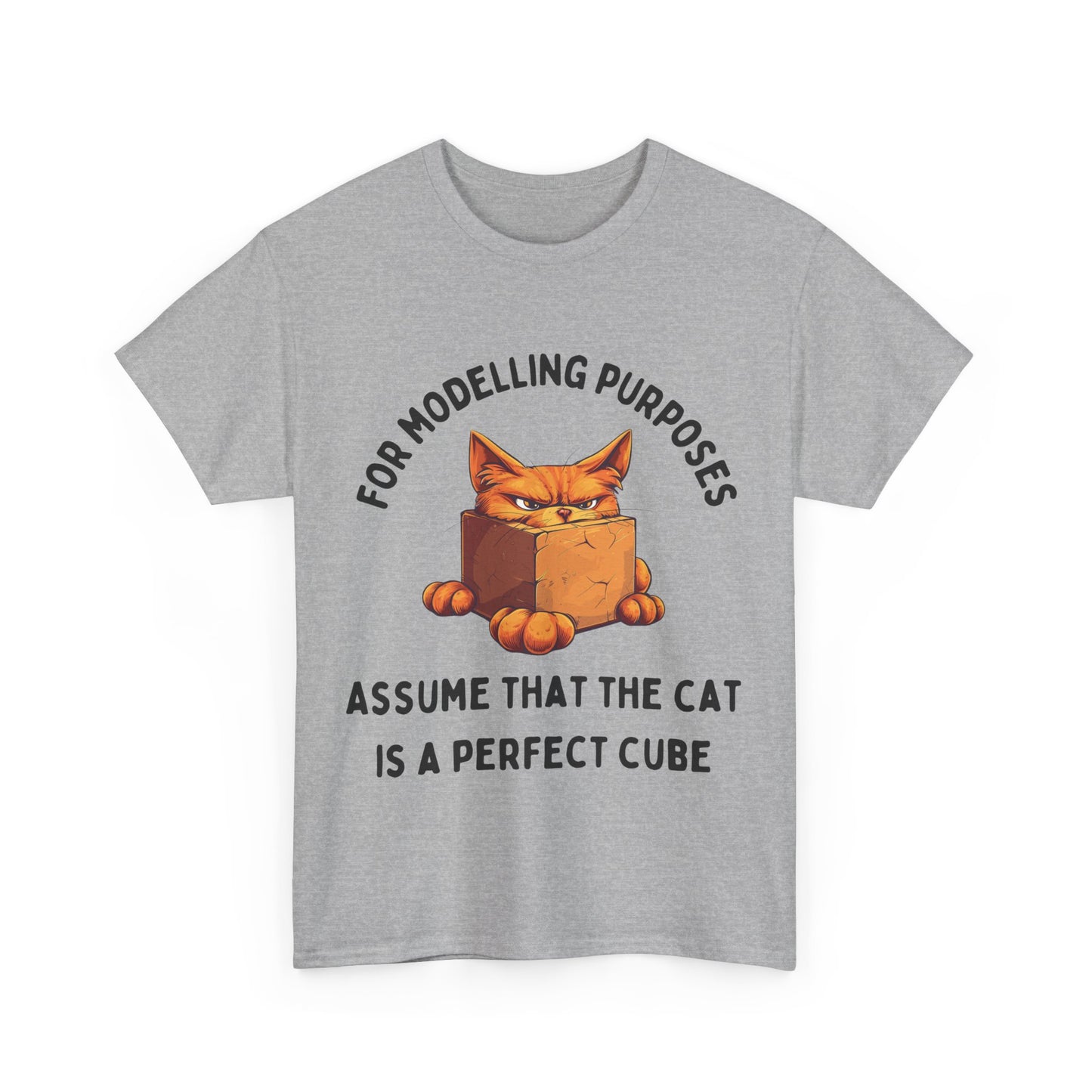 "For Modelling Purposes, Assume the Cat is a Perfect Cube" T-Shirt – Men’s/Unisex Fit – Fun Maths Humour