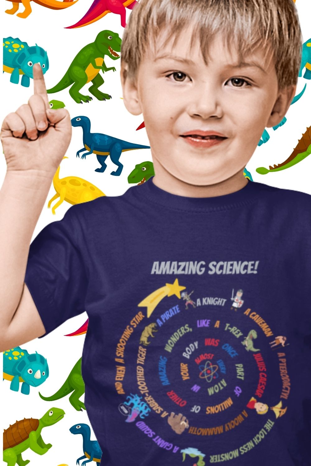 Kids' STEM T-Shirt: "Atoms with Amazing Wonders" – Woolly Mammoth, T-Rex, Shooting Star & More