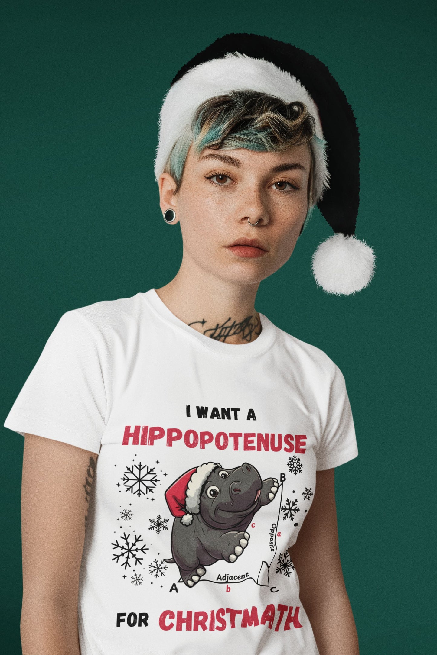 Women's "I Want a Hippopotenuse for Christmath" Maths Christmas T-Shirt