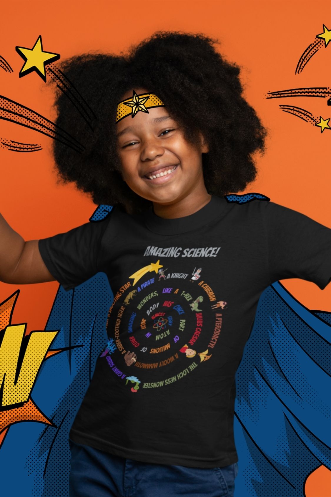 Kids' STEM T-Shirt: "Atoms with Amazing Wonders" – Woolly Mammoth, T-Rex, Shooting Star & More