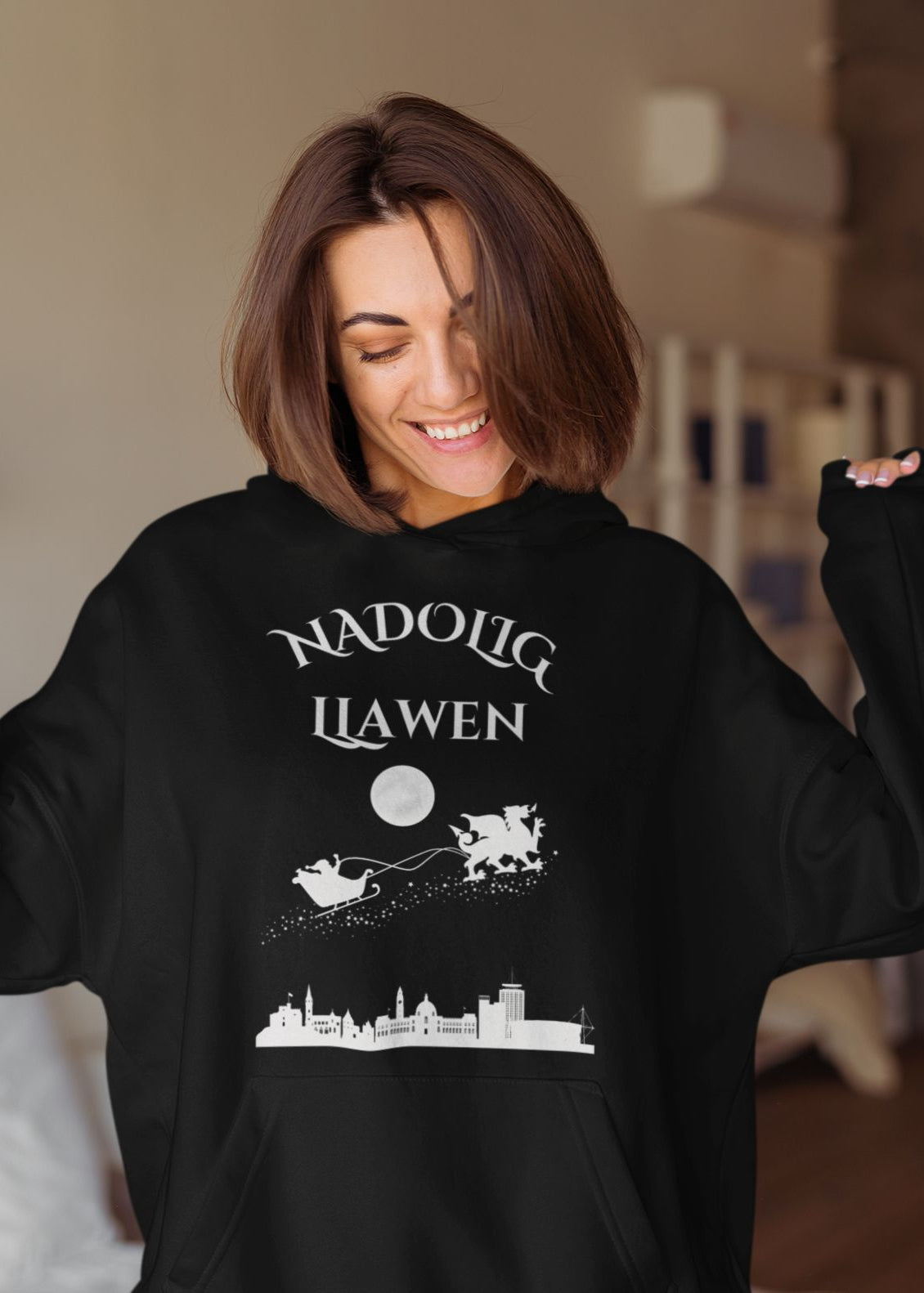 Women's Unisex "Nadolig Llawen" Hoodie – Jet Black & Fire Red, Welsh Christmas Design