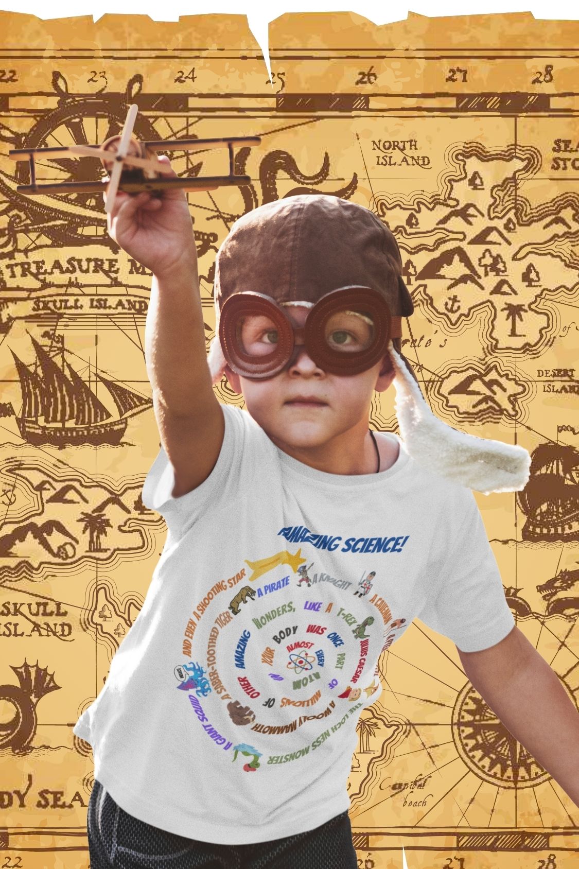 Kids' STEM T-Shirt: "Atoms with Amazing Wonders" – Woolly Mammoth, T-Rex, Shooting Star & More