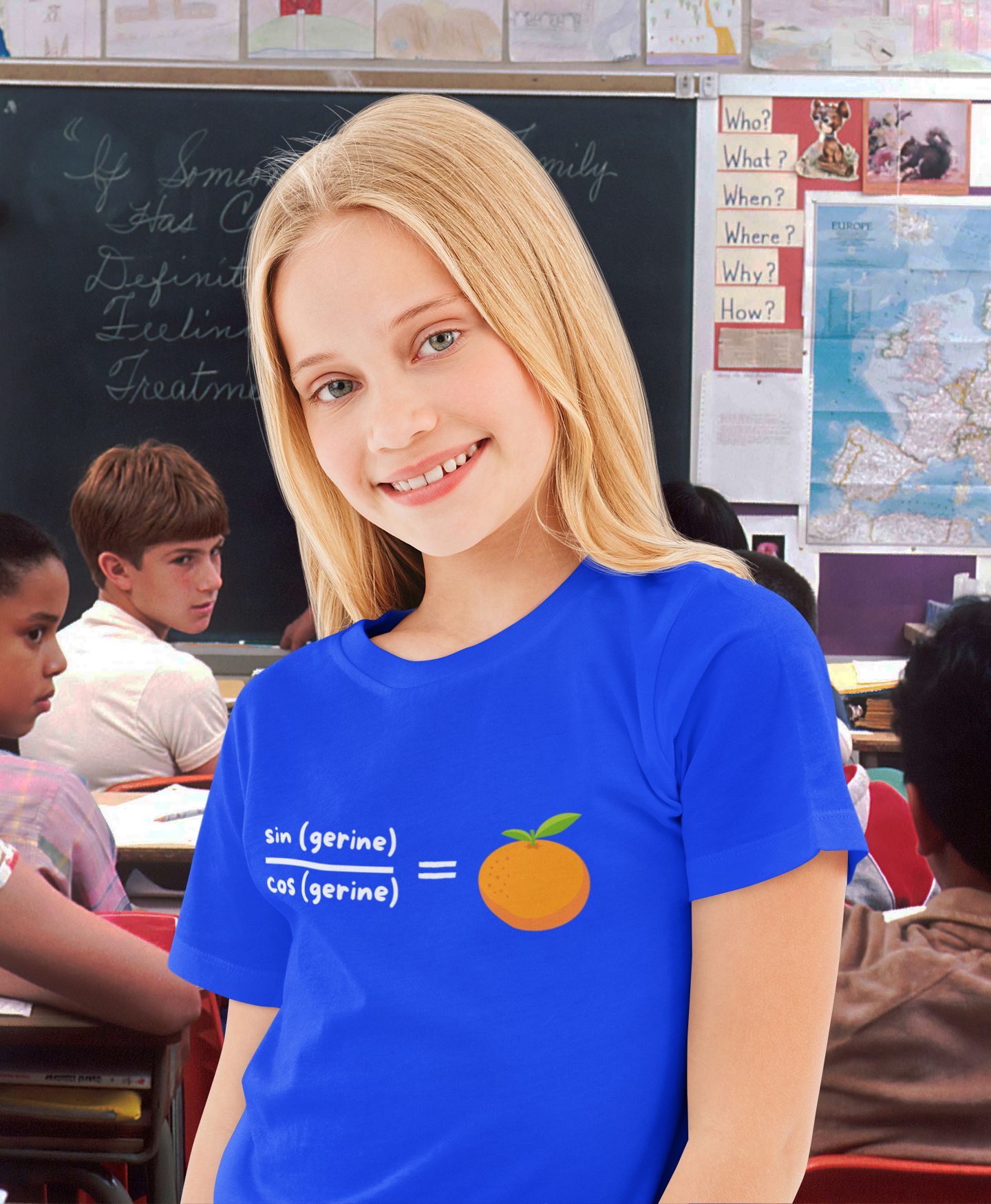 STEM-Themed Maths Humour Kid's T-Shirt: Sin(gerine) Over Cos(gerine) Equals Tan(gerine)