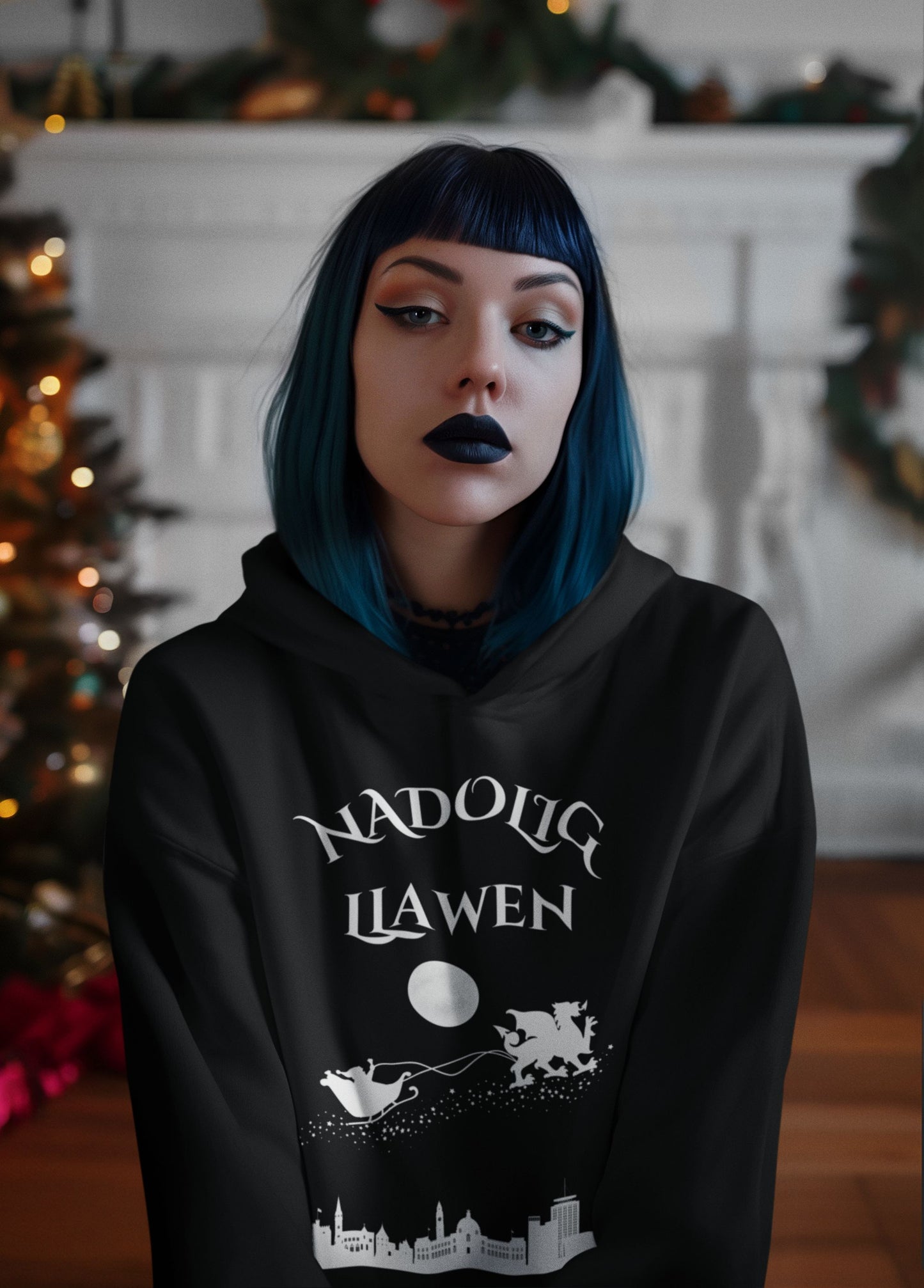 Women's Unisex "Nadolig Llawen" Hoodie – Jet Black & Fire Red, Welsh Christmas Design