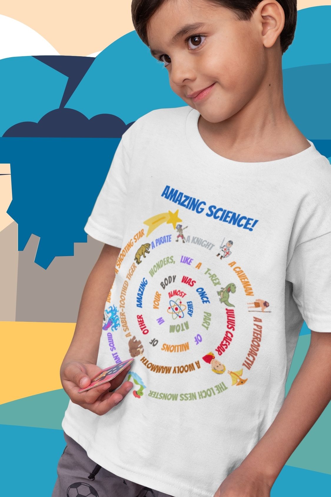 Kids' STEM T-Shirt: "Atoms with Amazing Wonders" – Woolly Mammoth, T-Rex, Shooting Star & More