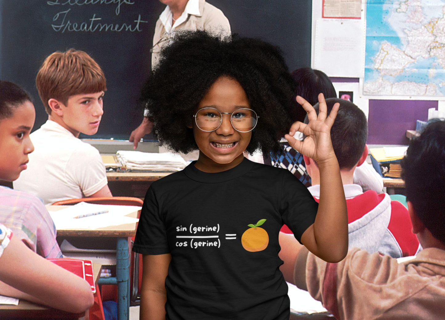 STEM-Themed Maths Humour Kid's T-Shirt: Sin(gerine) Over Cos(gerine) Equals Tan(gerine)