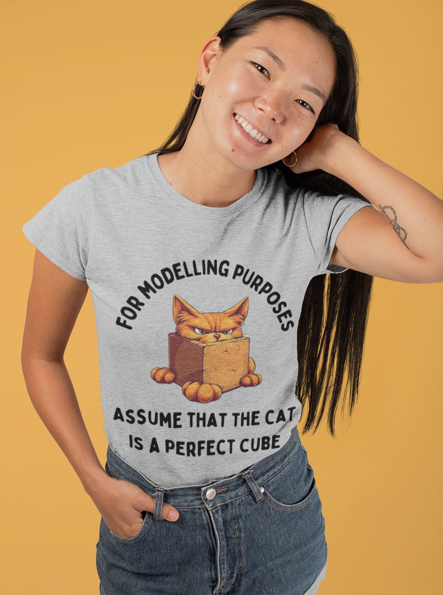 "For Modelling Purposes, Assume the Cat is a Perfect Cube" T-Shirt – Women’s Fitted Style – Fun Maths Humour