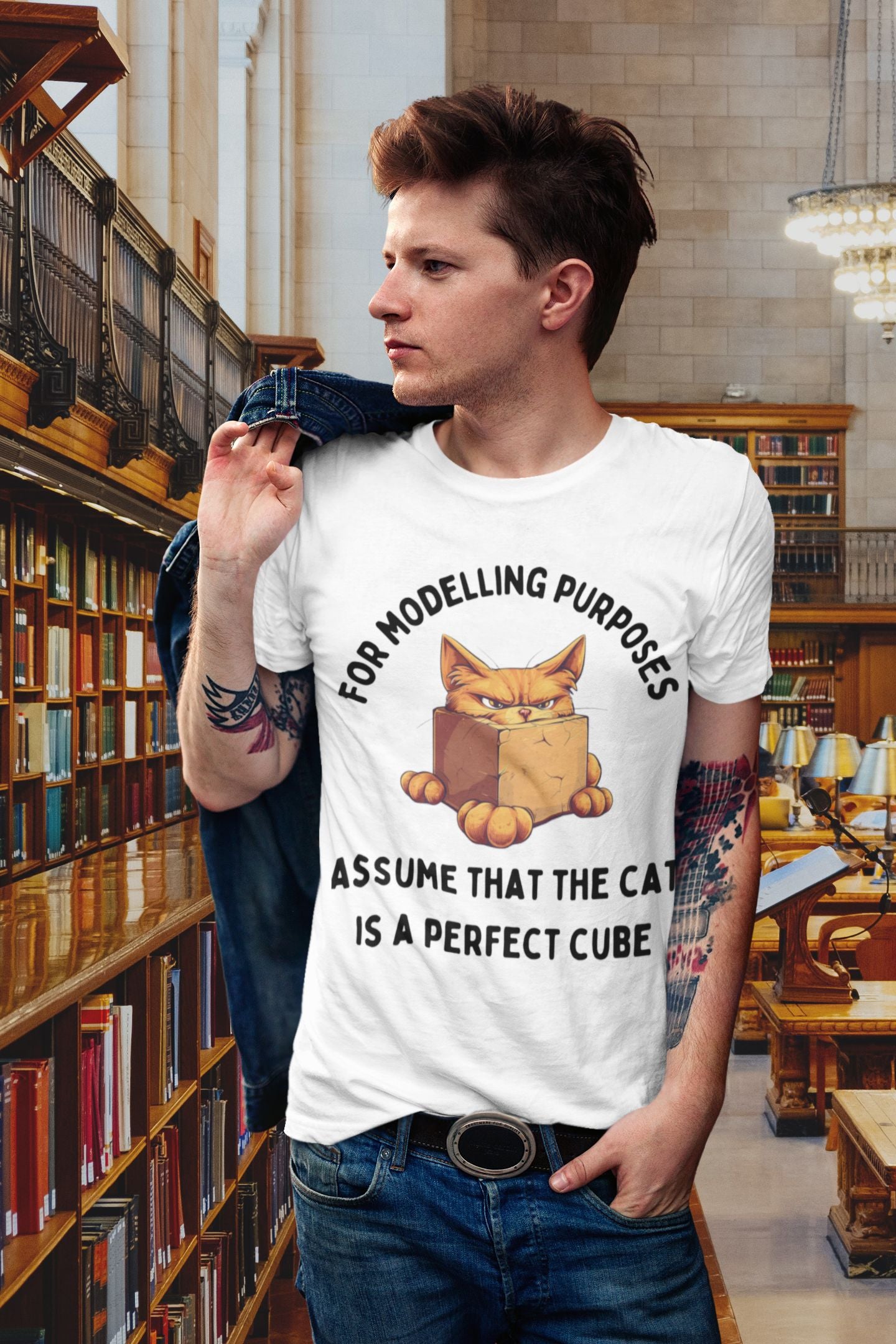 "For Modelling Purposes, Assume the Cat is a Perfect Cube" T-Shirt – Men’s/Unisex Fit – Fun Maths Humour