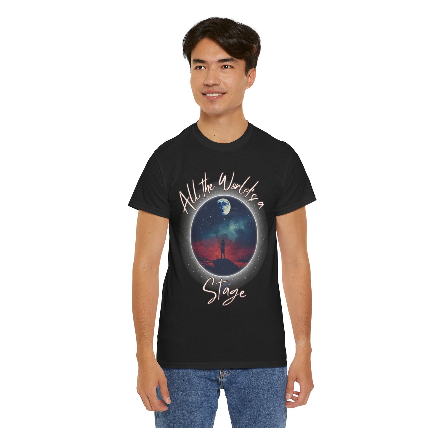 Shakespearean 'All the World's a Stage' Black T-shirt - Embrace Life's Theatrical Adventure.