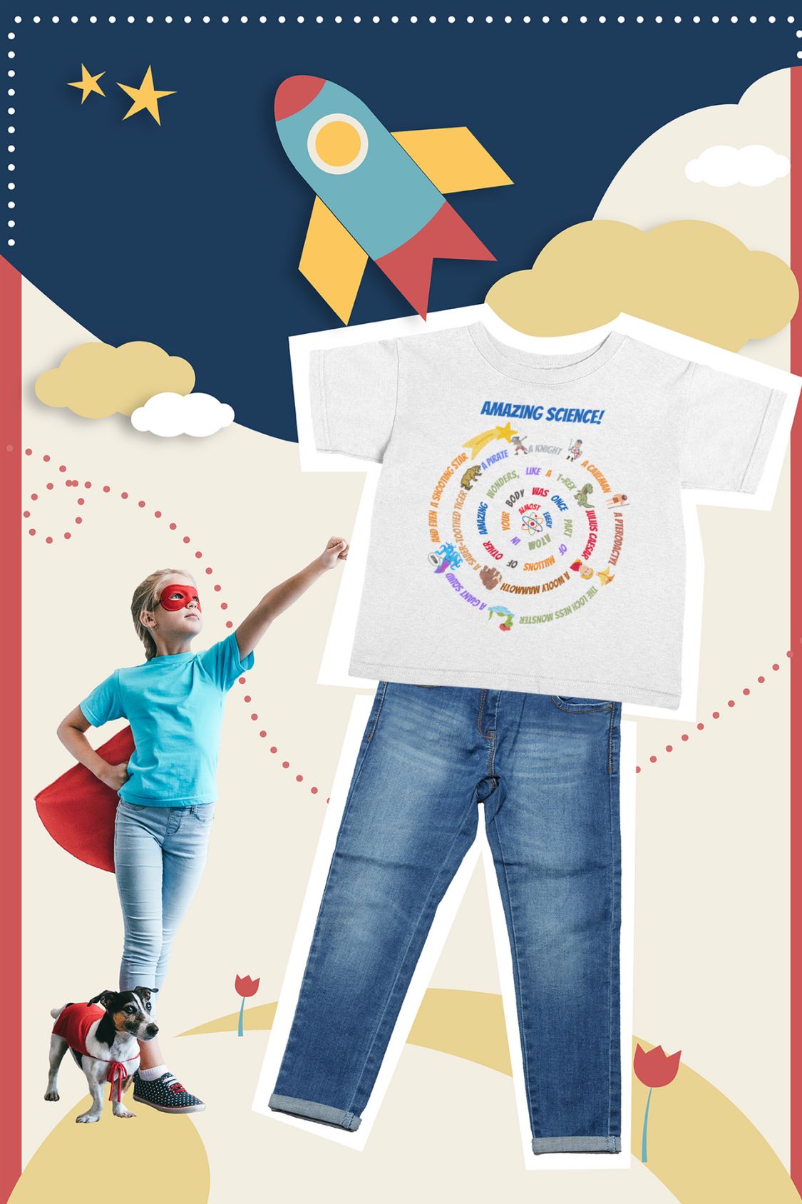 Kids' STEM T-Shirt: "Atoms with Amazing Wonders" – Woolly Mammoth, T-Rex, Shooting Star & More