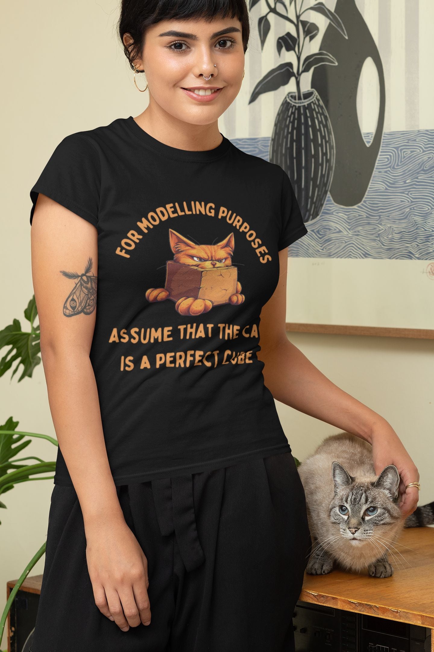 "For Modelling Purposes, Assume the Cat is a Perfect Cube" T-Shirt – Women’s Fitted Style – Fun Maths Humour