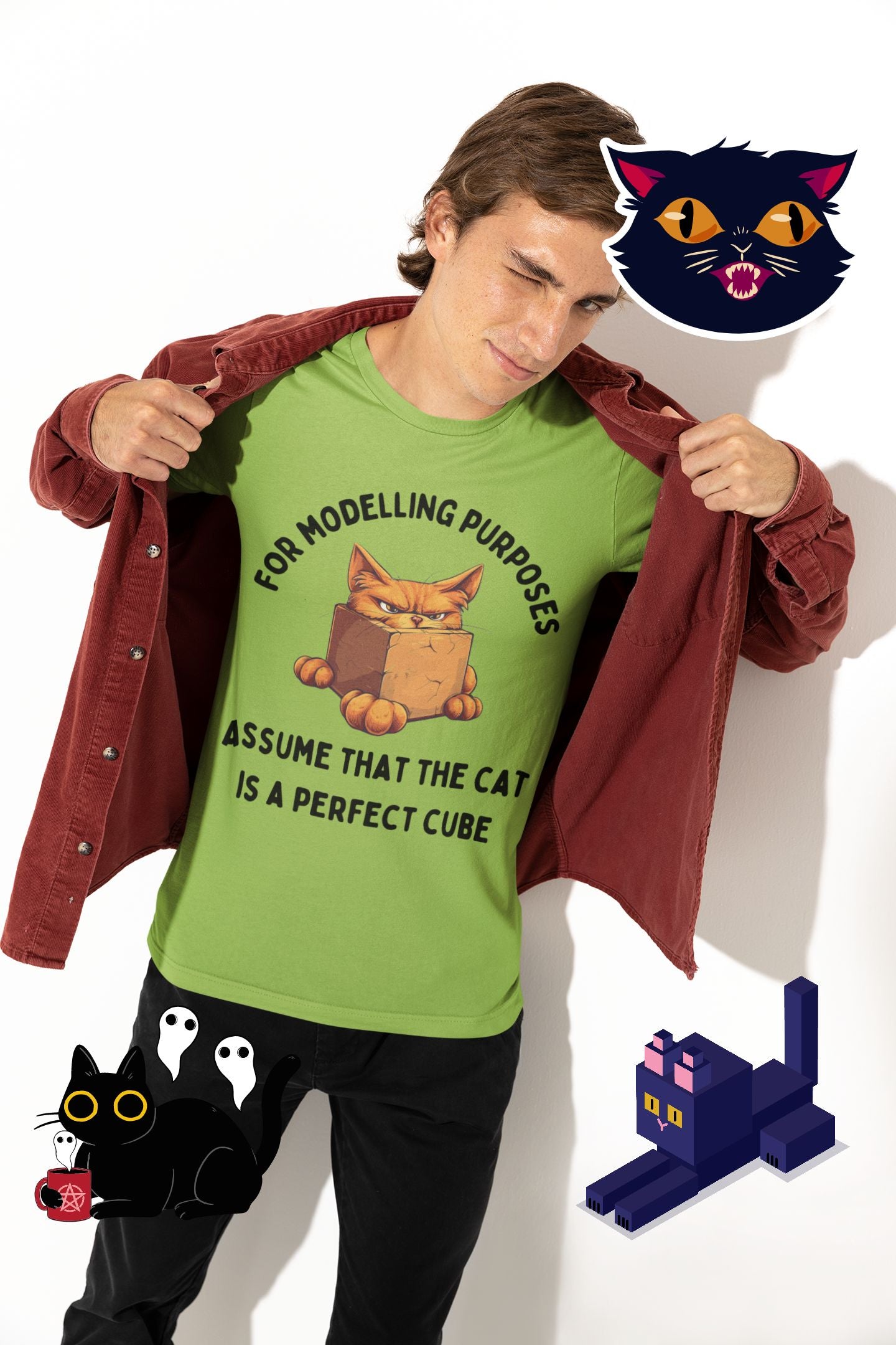 "For Modelling Purposes, Assume the Cat is a Perfect Cube" T-Shirt – Men’s/Unisex Fit – Fun Maths Humour