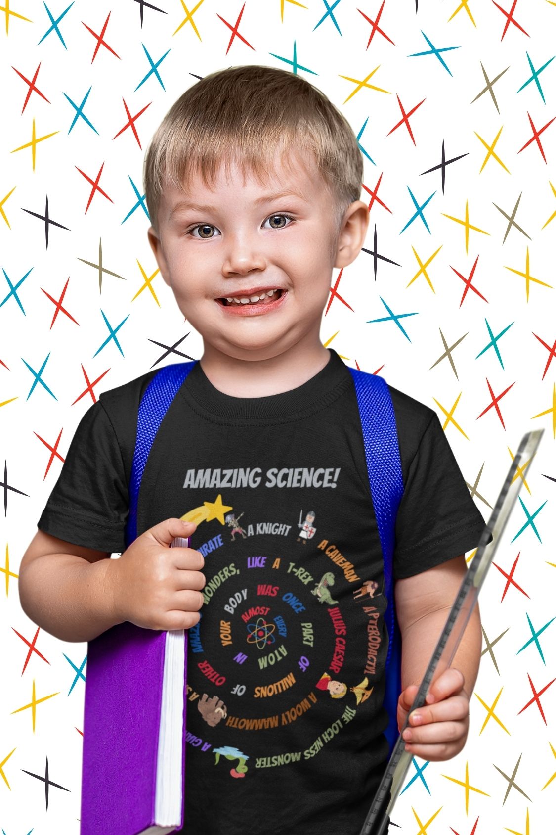 Kids' STEM T-Shirt: "Atoms with Amazing Wonders" – Woolly Mammoth, T-Rex, Shooting Star & More