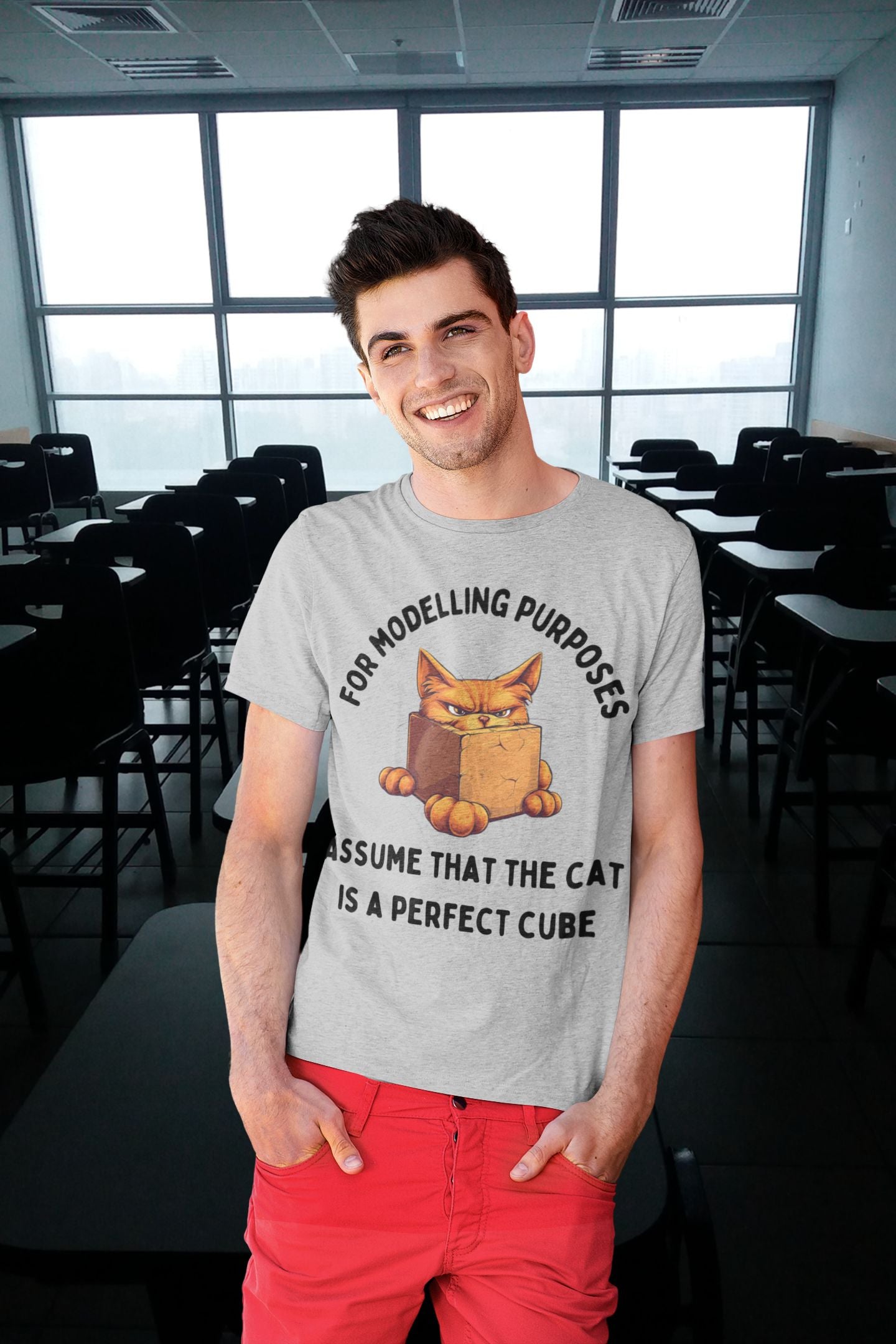 "For Modelling Purposes, Assume the Cat is a Perfect Cube" T-Shirt – Men’s/Unisex Fit – Fun Maths Humour