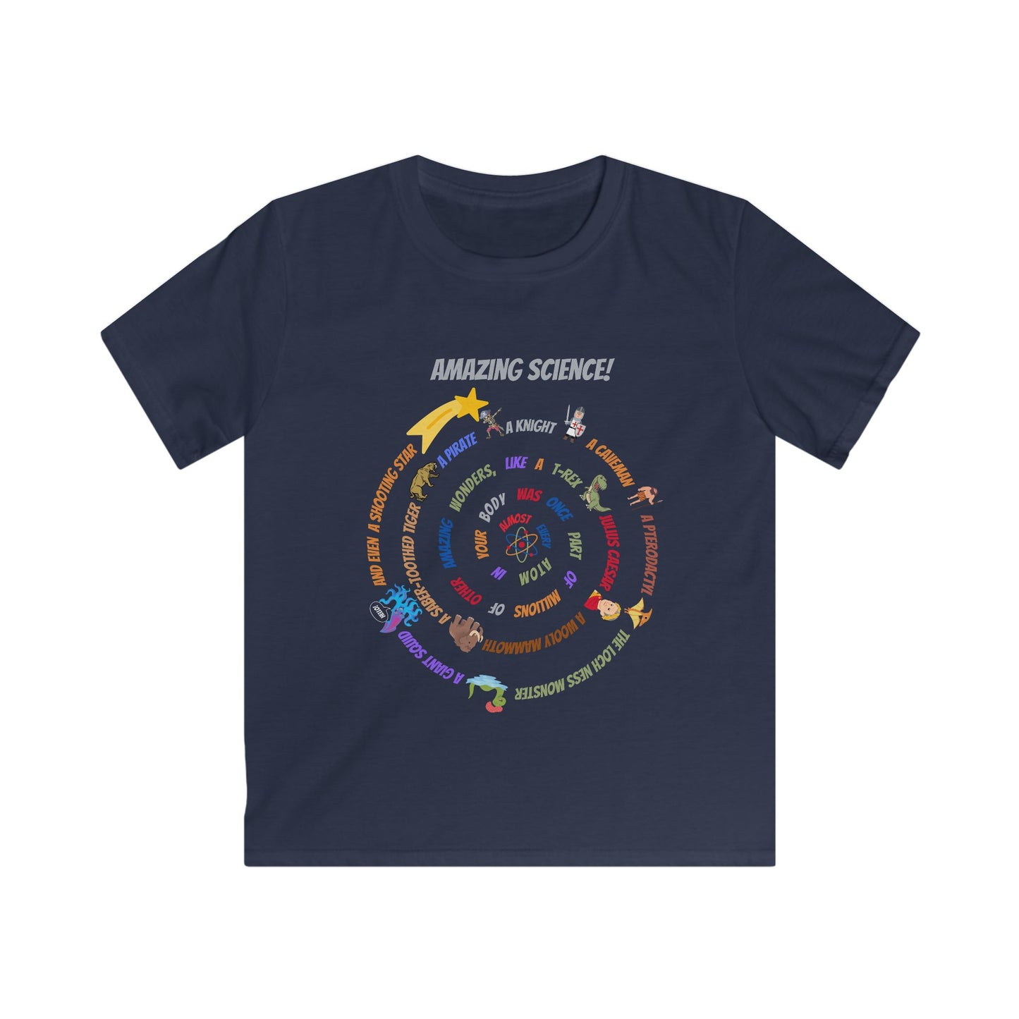 Kids' STEM T-Shirt: "Atoms with Amazing Wonders" – Woolly Mammoth, T-Rex, Shooting Star & More