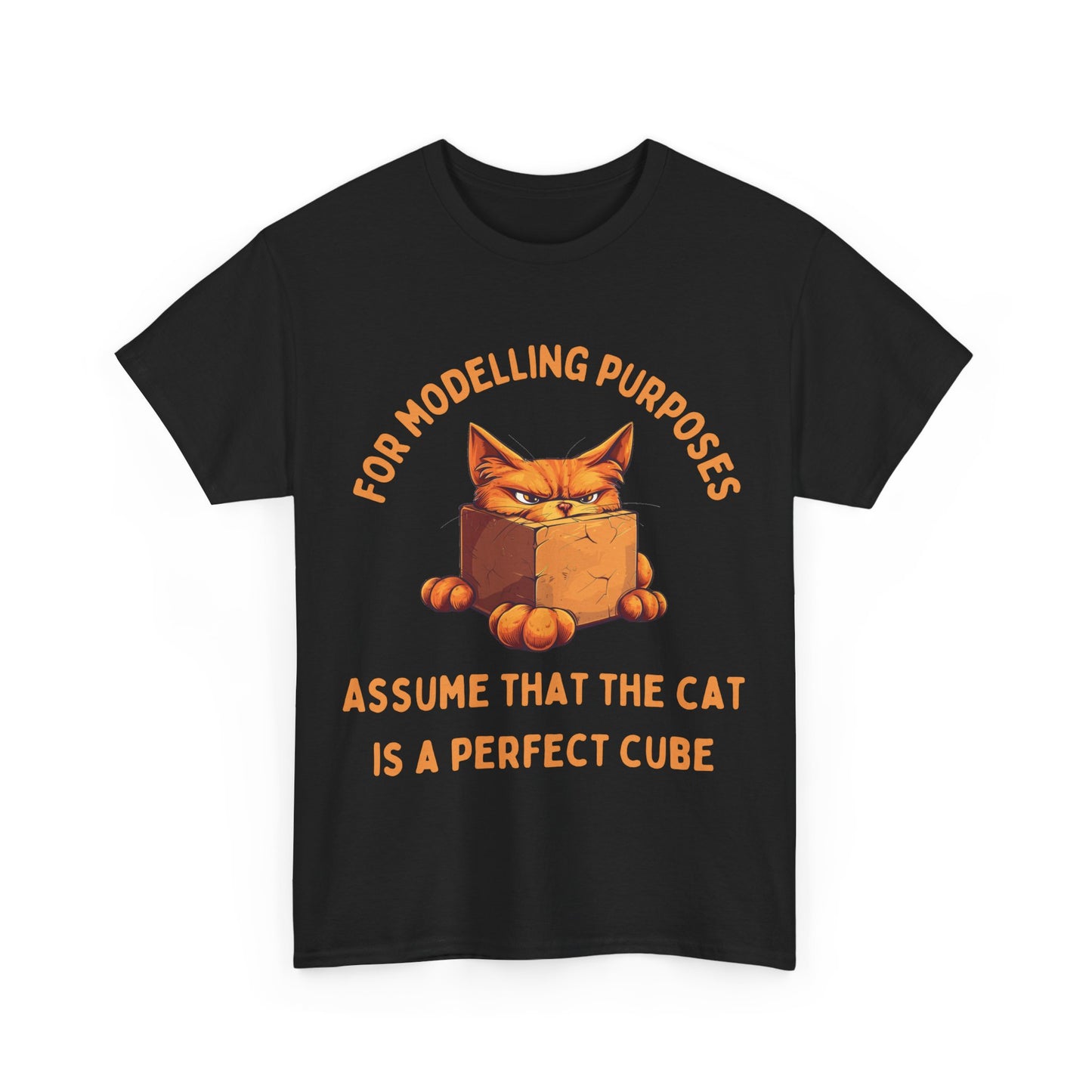 "For Modelling Purposes, Assume the Cat is a Perfect Cube" T-Shirt – Men’s/Unisex Fit – Fun Maths Humour