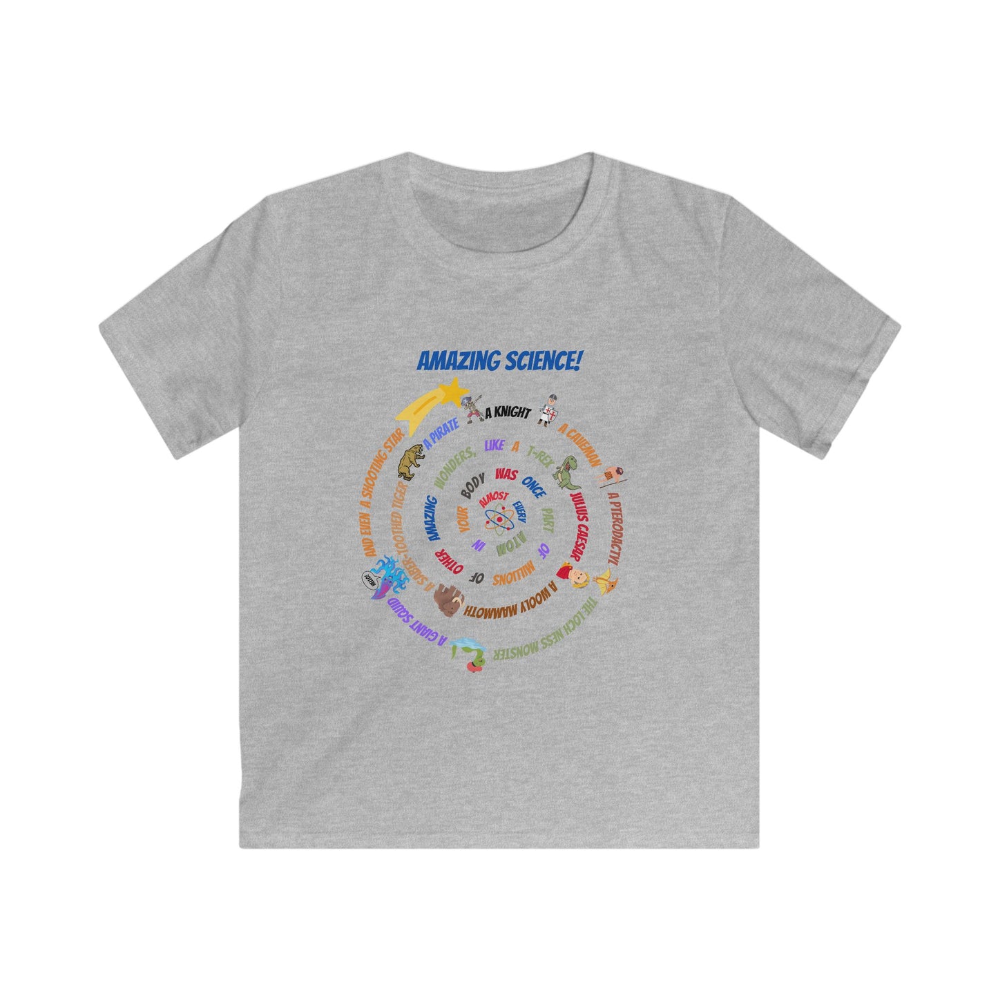 Kids' STEM T-Shirt: "Atoms with Amazing Wonders" – Woolly Mammoth, T-Rex, Shooting Star & More