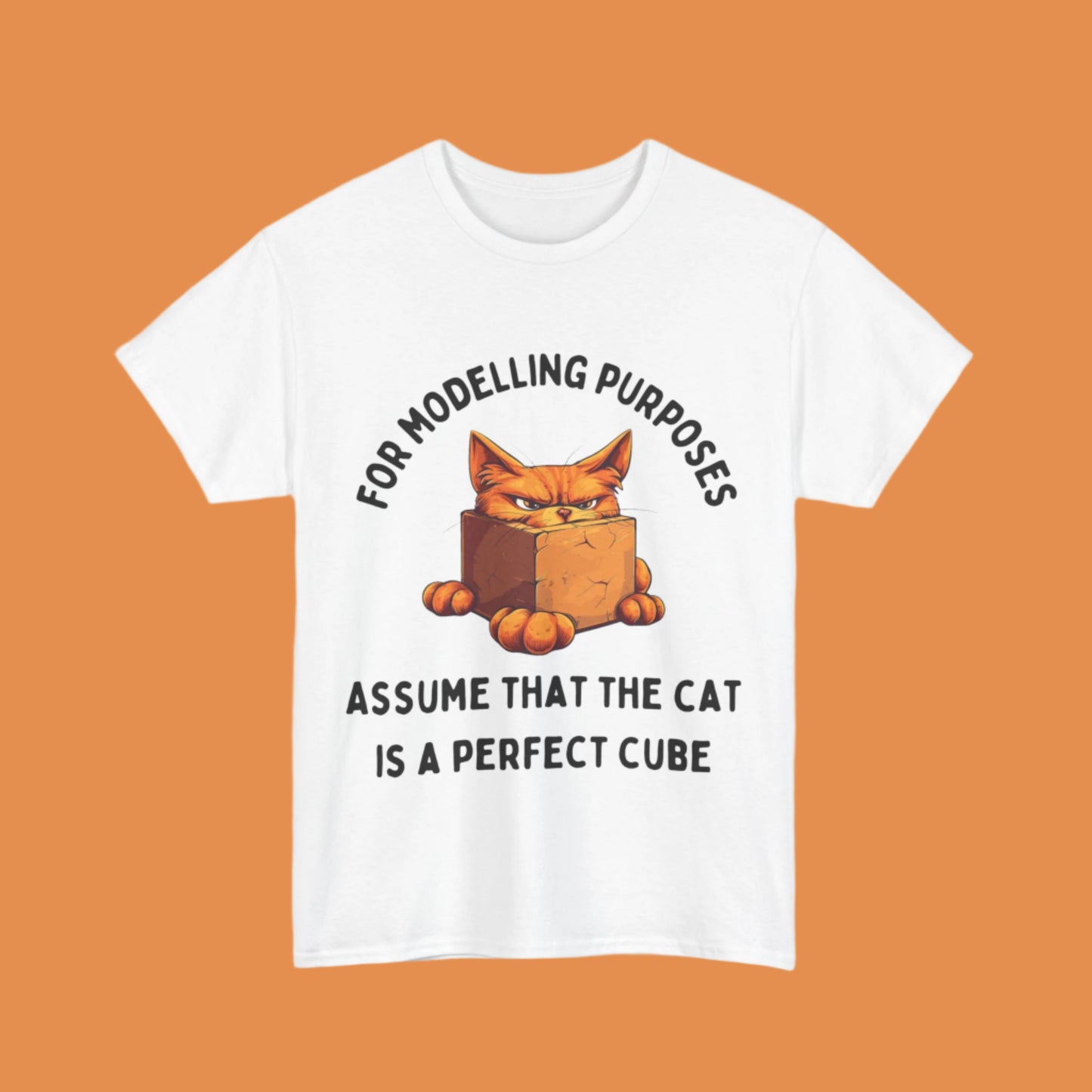 "For Modelling Purposes, Assume the Cat is a Perfect Cube" T-Shirt – Men’s/Unisex Fit – Fun Maths Humour