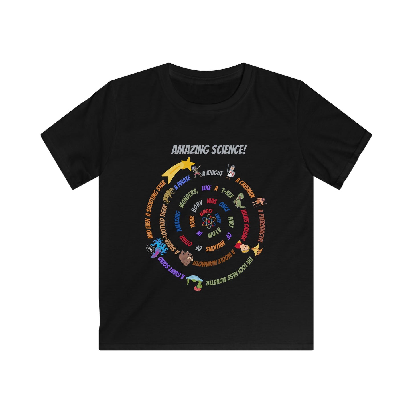 Kids' STEM T-Shirt: "Atoms with Amazing Wonders" – Woolly Mammoth, T-Rex, Shooting Star & More