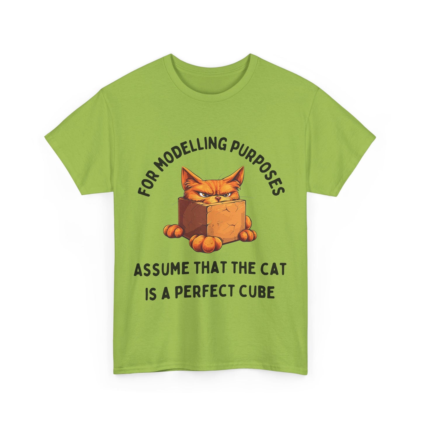 "For Modelling Purposes, Assume the Cat is a Perfect Cube" T-Shirt – Men’s/Unisex Fit – Fun Maths Humour