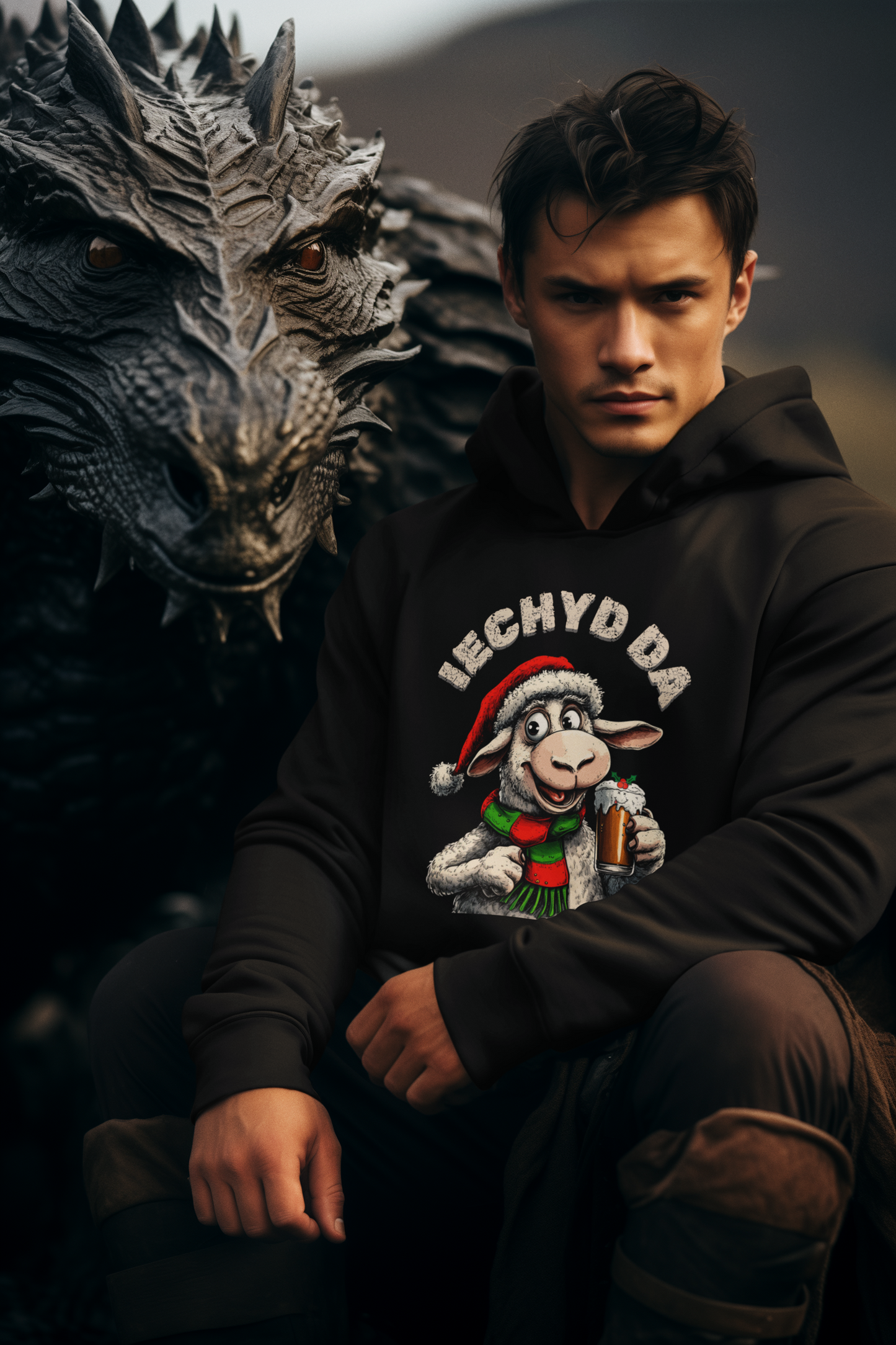 Men’s Black Welsh Iechyd Da Hoodie. Christmas Jumper