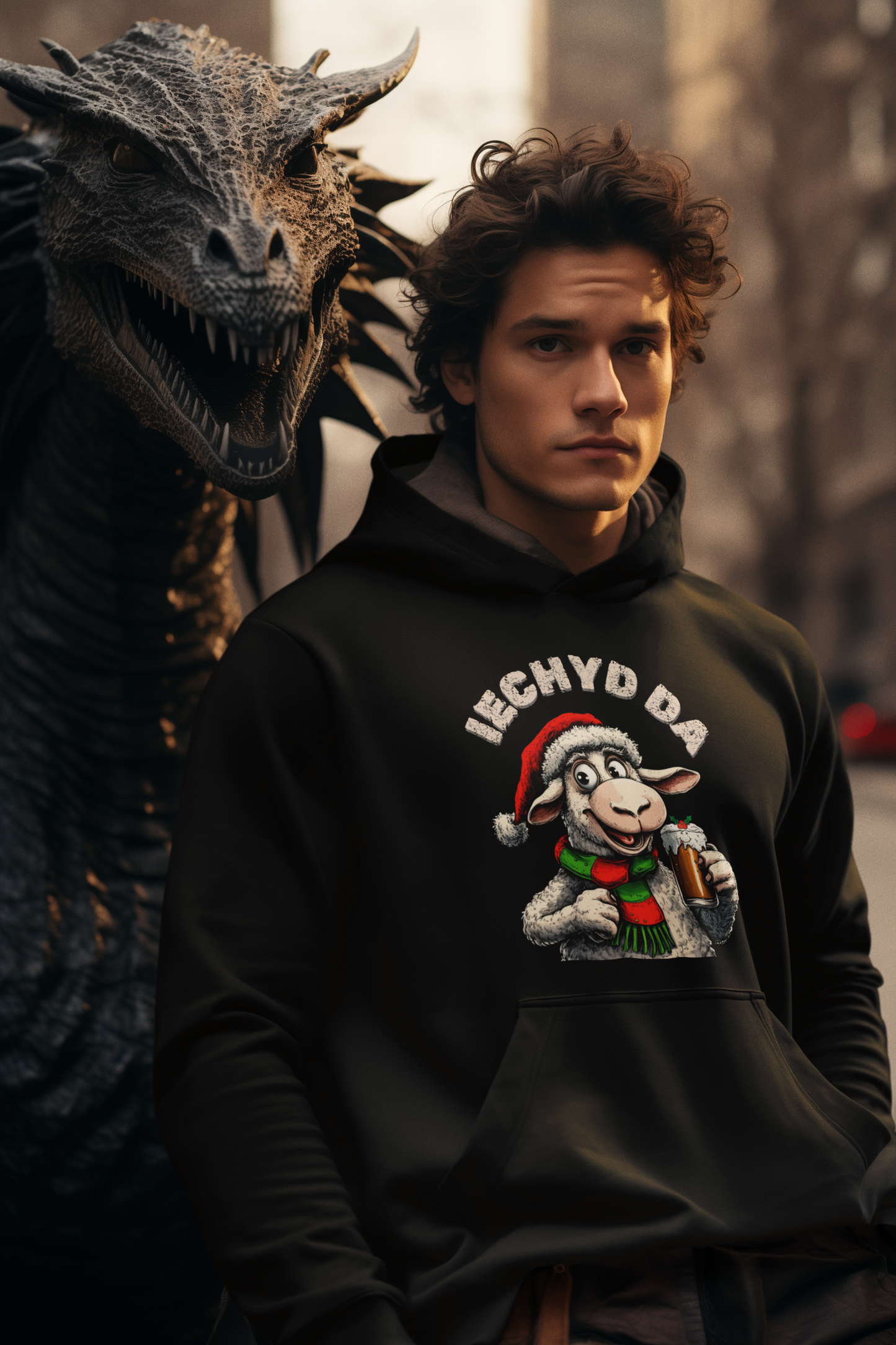 Men’s Black Welsh Iechyd Da Hoodie. Christmas Jumper