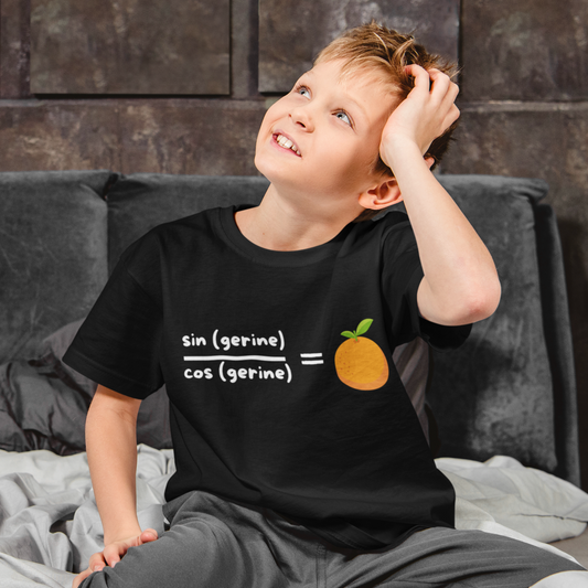 STEM-Themed Maths Humour Kid's T-Shirt: Sin(gerine) Over Cos(gerine) Equals Tan(gerine)