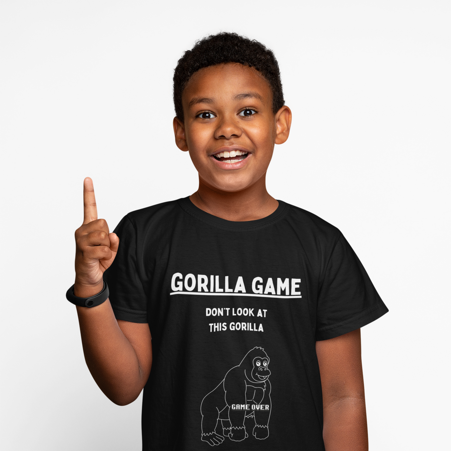 The Game Kids Gorilla T-shirt. Fun playful tee in black, khaki green and royal blue