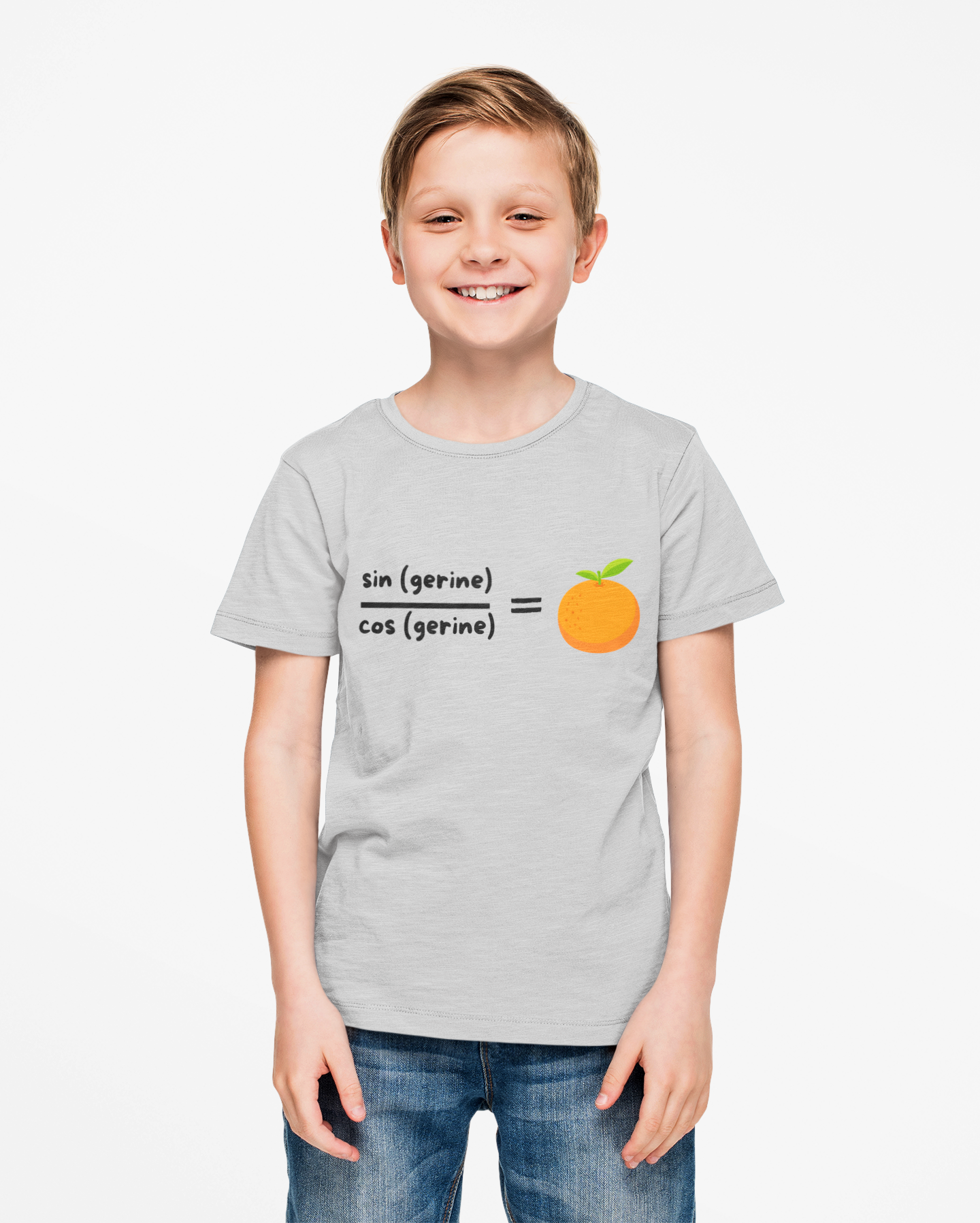 STEM-Themed Maths Humour Kid's T-Shirt: Sin(gerine) Over Cos(gerine) Equals Tan(gerine)