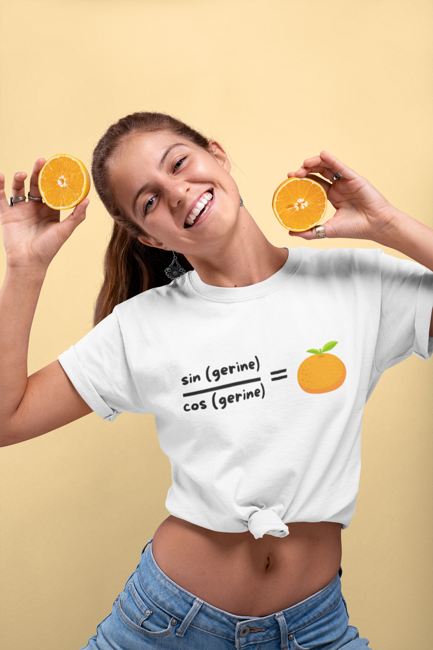 Funny Maths Humour T-Shirt: Sin(gerine) Over Cos(gerine) Equals Tan(gerine)