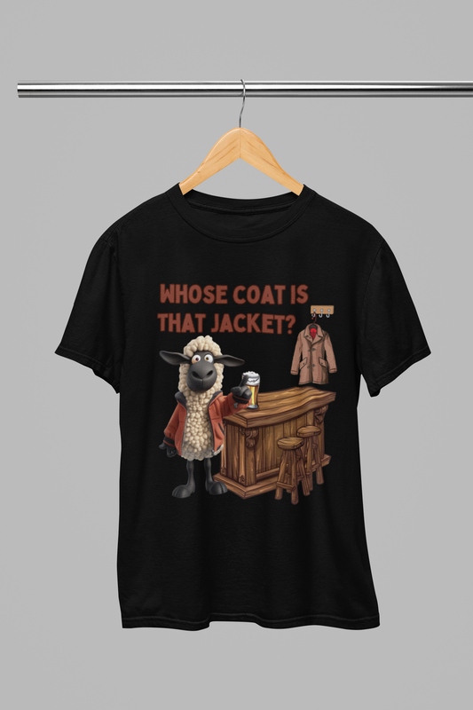 Whose Coat Is That Jacket? Welsh Humor T-shirt on Black Unisex Heavy Cotton
