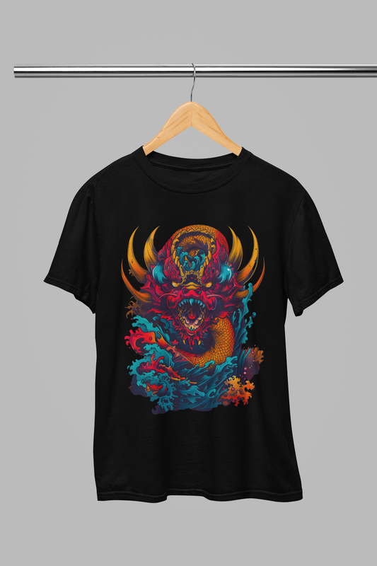 Dragon Fantasy Unisex Tee: Vibrant Black Artwork, Premium Heavy Cotton Shirt, Perfect Gift for Fantasy Enthusiasts
