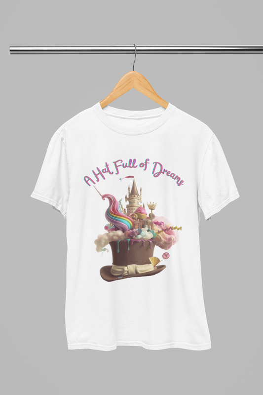 Fairytale Top Hat Full of Dreams. Kids T-Shirt: Bursting with Magic in Blue, Pink, White, and Black. Unisex Heavy cotton.