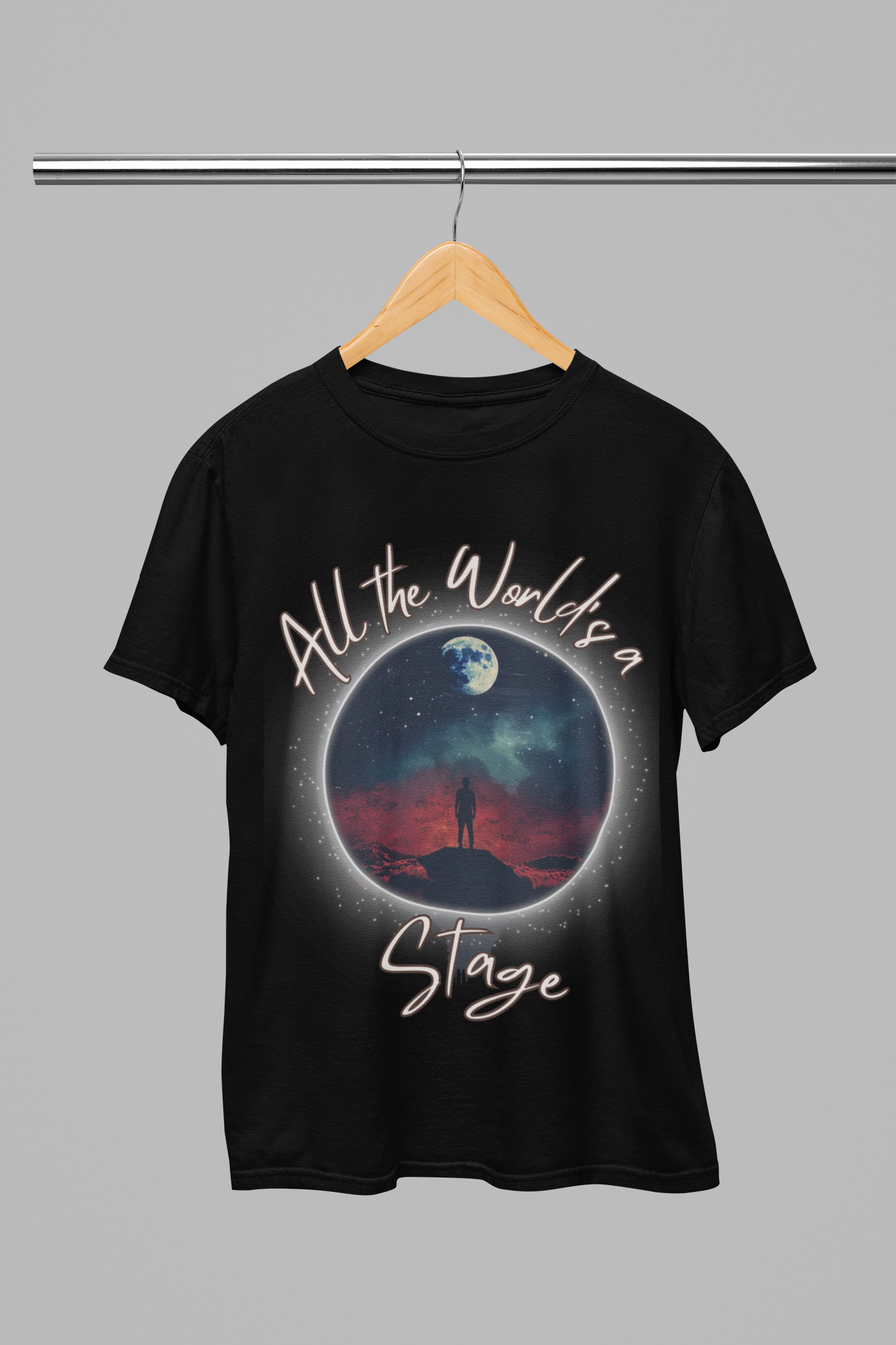 Shakespearean 'All the World's a Stage' Black T-shirt - Embrace Life's Theatrical Adventure.