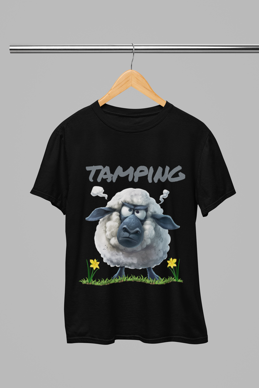 Angry Welsh Sheep Tamping Unisex Cotton T-Shirt - Funny Steam Ears Design -FREE UK POSTAGE - Wales Humor Tee - Black & White - Unique Gift Idea