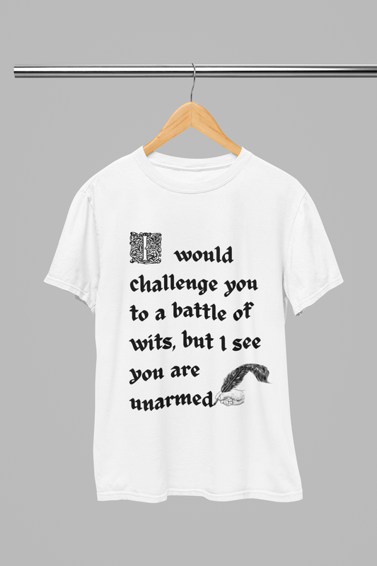 Battle of Wits: Timeless yet perfectly sarcastic Shakespearean-Style Banter, Classic Unisex White T-shirt. Perfect gift for any Wordsmith.