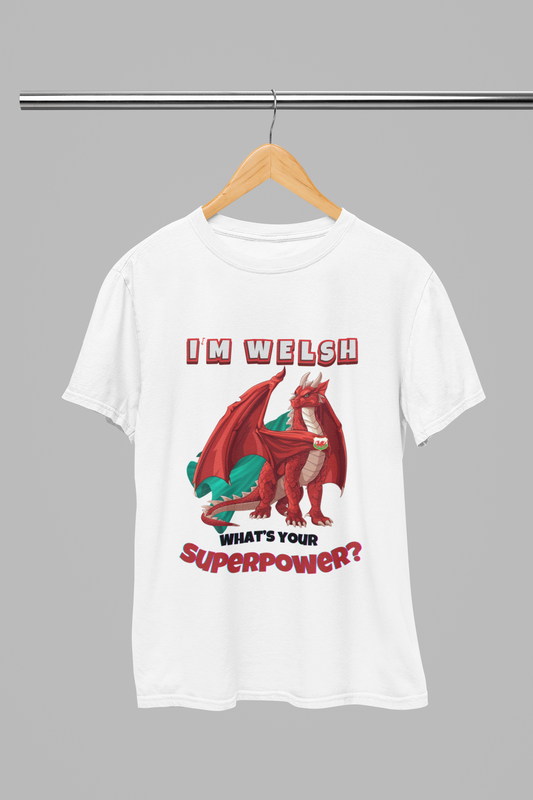 I'm Welsh, What's Your Superpower? Kids Cotton T-shirt | Welsh Dragon Superhero in White for Boys and Girls