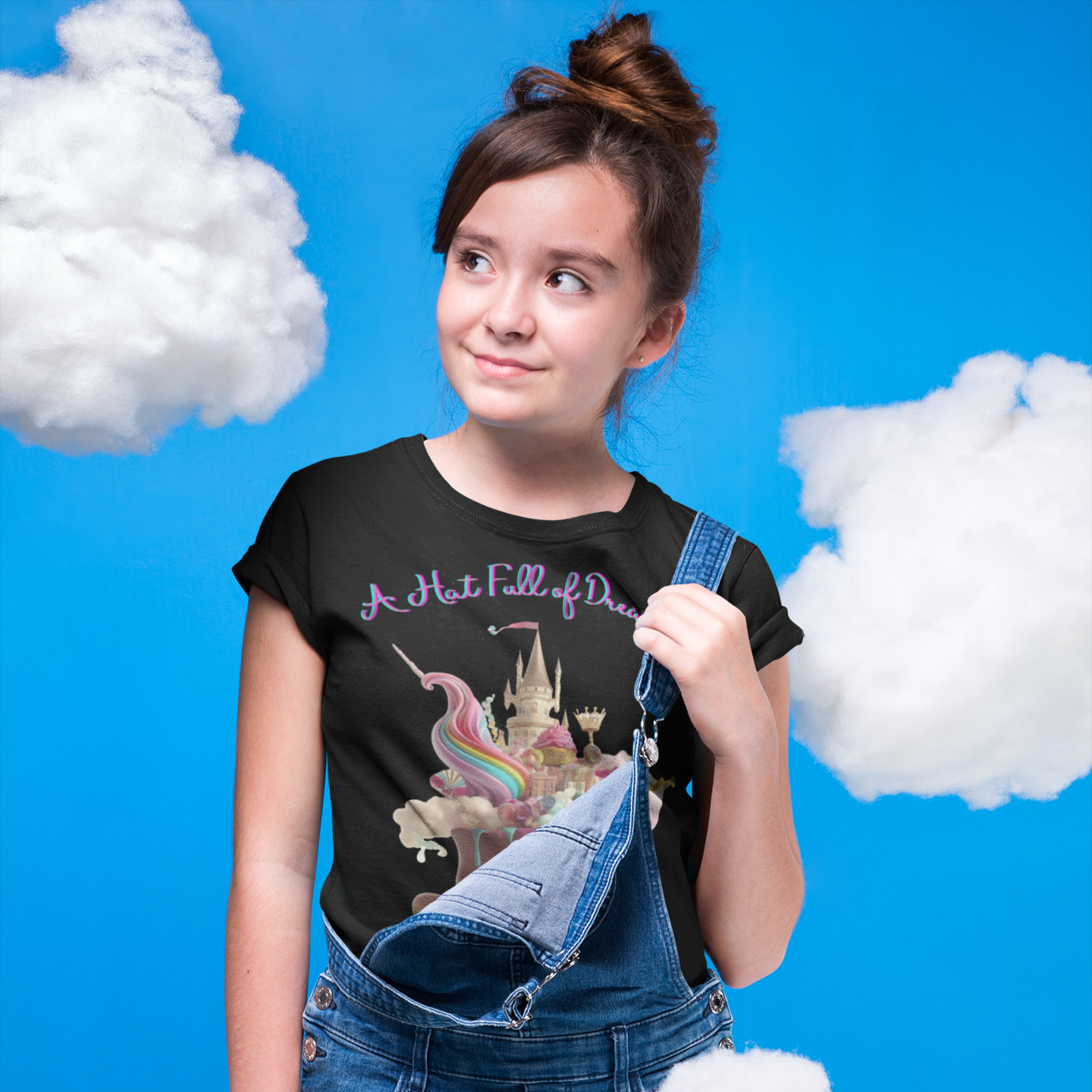 Fairytale Top Hat Full of Dreams. Kids T-Shirt: Bursting with Magic in Blue, Pink, White, and Black. Unisex Heavy cotton.