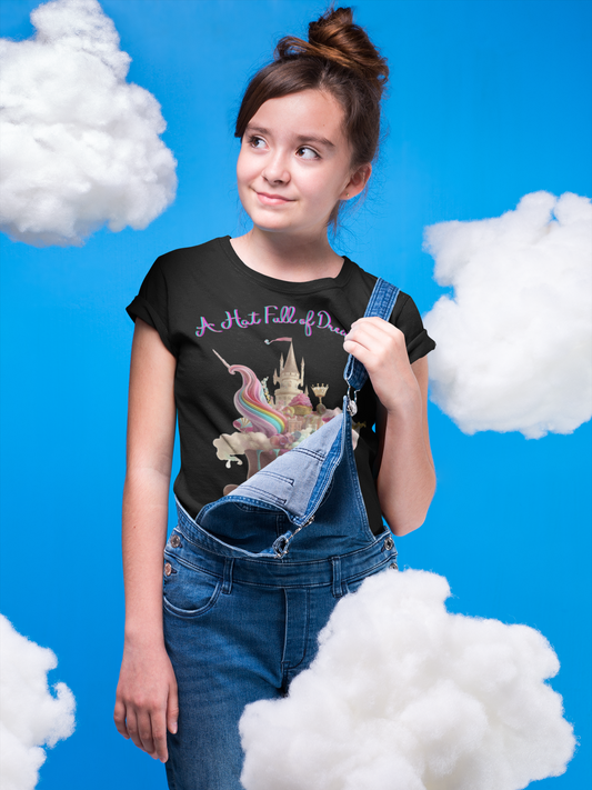 Fairytale Top Hat Full of Dreams. Kids T-Shirt: Bursting with Magic in Blue, Pink, White, and Black. Unisex Heavy cotton.