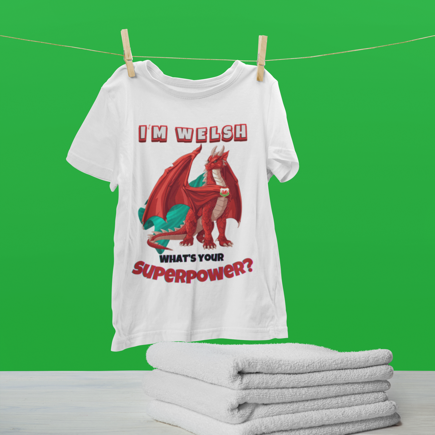 I'm Welsh, What's Your Superpower? Kids Cotton T-shirt | Welsh Dragon Superhero in White for Boys and Girls