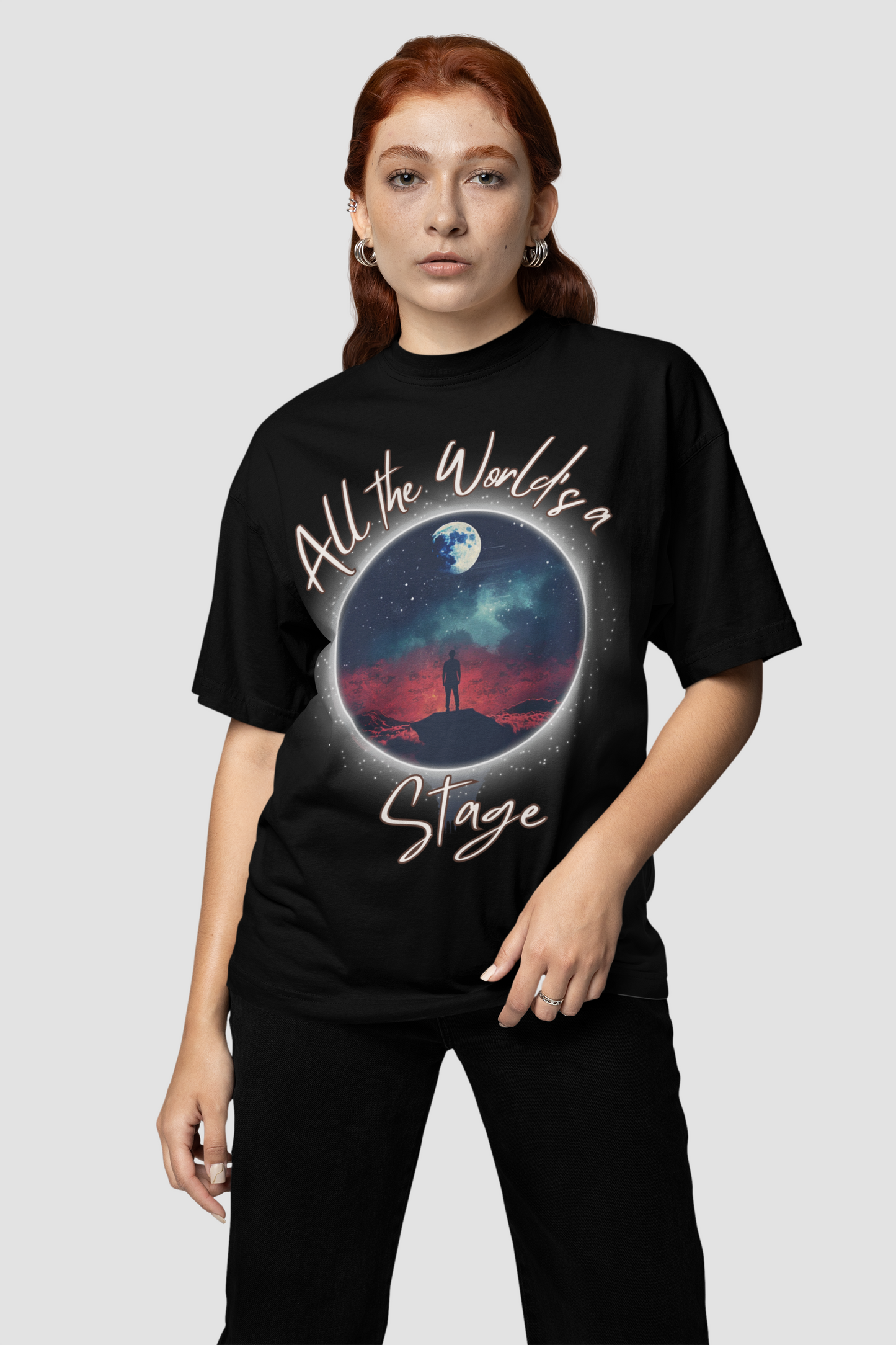 Shakespearean 'All the World's a Stage' Black T-shirt - Embrace Life's Theatrical Adventure.