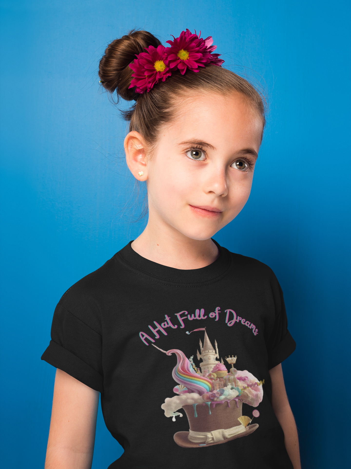 Fairytale Top Hat Full of Dreams. Kids T-Shirt: Bursting with Magic in Blue, Pink, White, and Black. Unisex Heavy cotton.