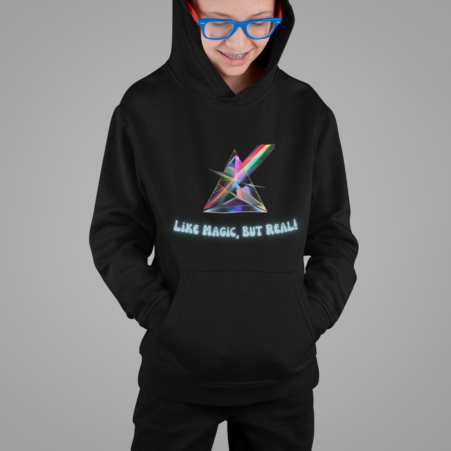 STEM Hoodie: Science - Like Magic, But Real | Triangular Prism Crystal with Rainbow Light