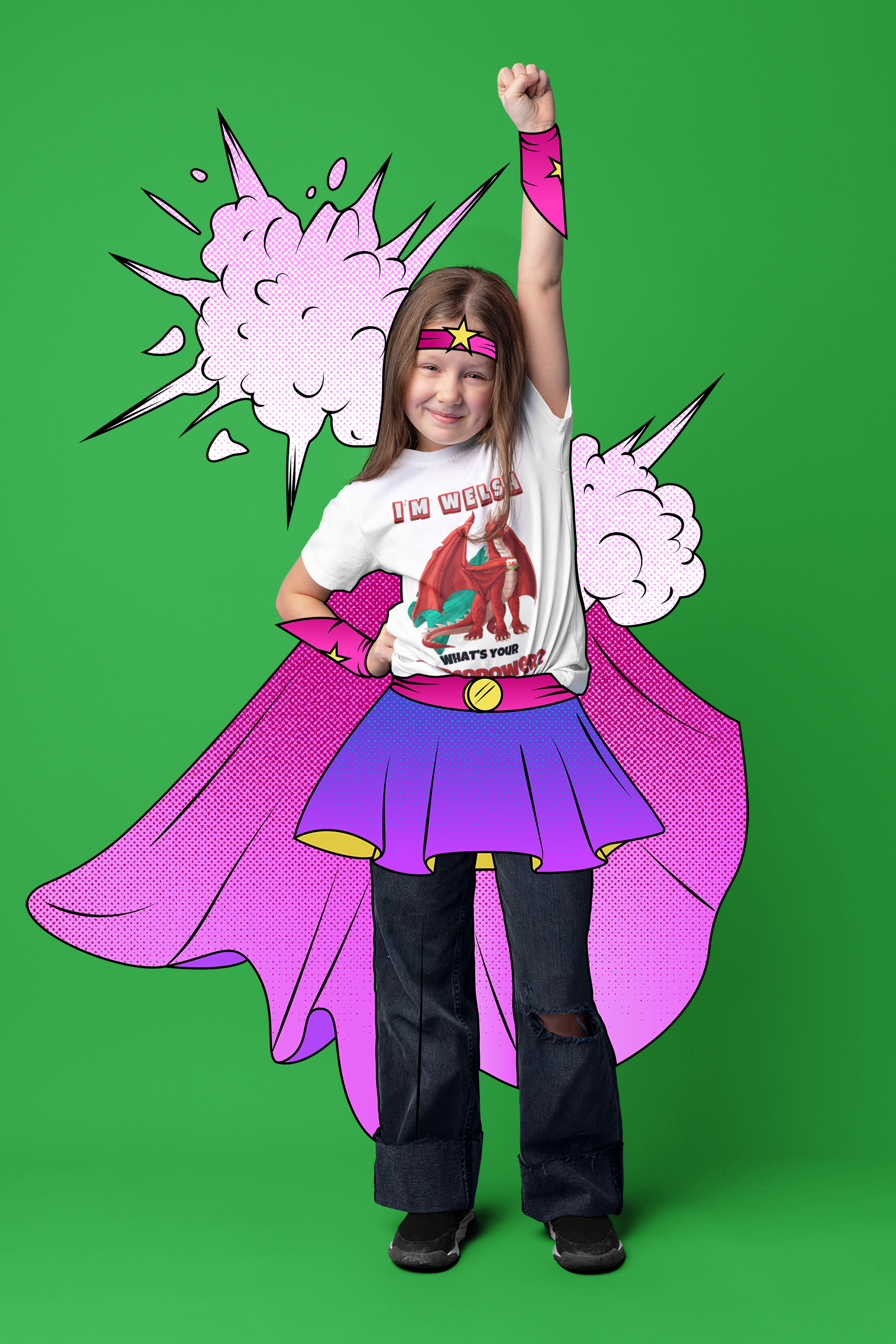 I'm Welsh, What's Your Superpower? Kids Cotton T-shirt | Welsh Dragon Superhero in White for Boys and Girls