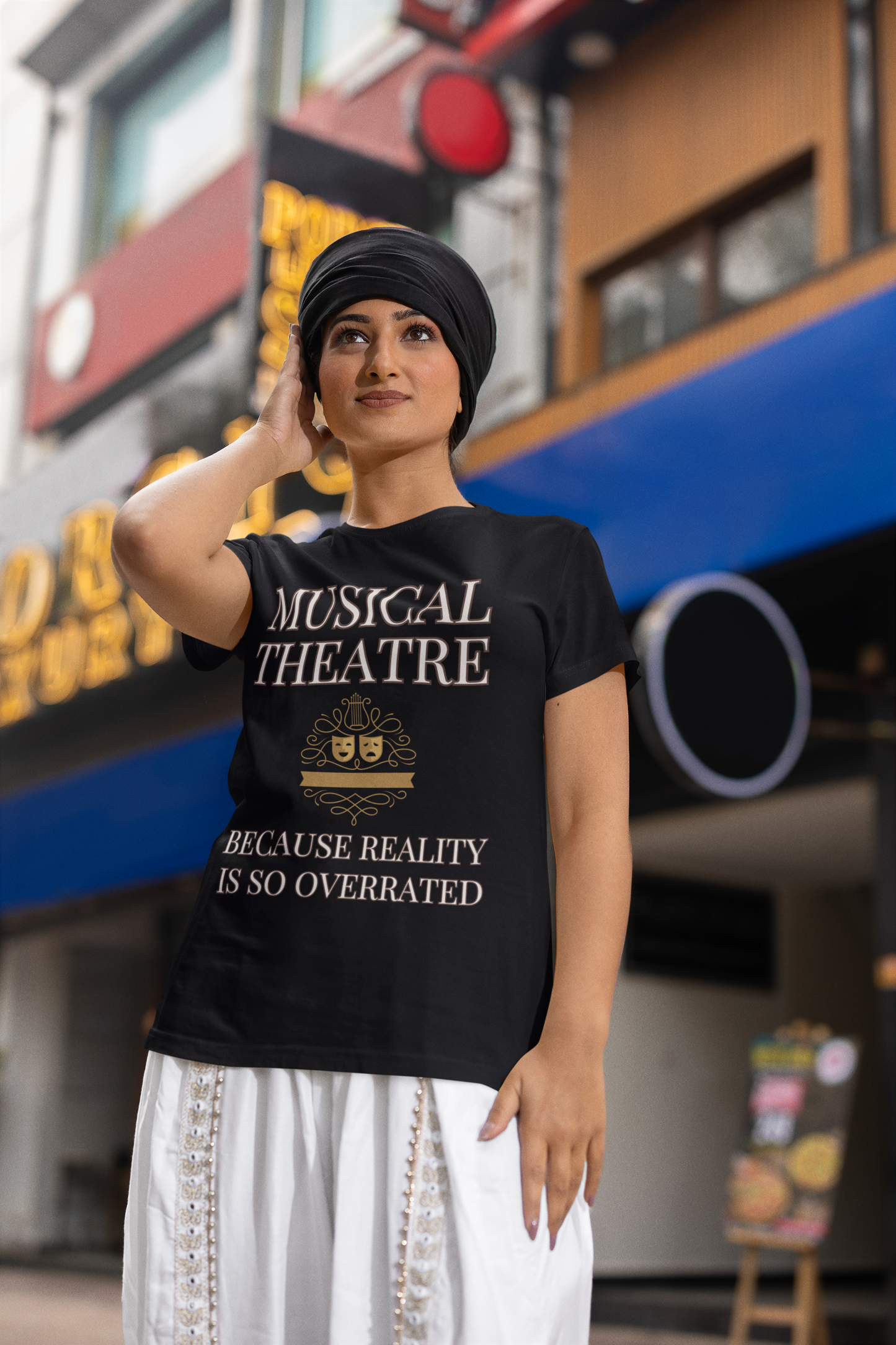 Theatre-Themed Humour T-Shirt: "Musical Theatre: Because Reality is So Overrated"