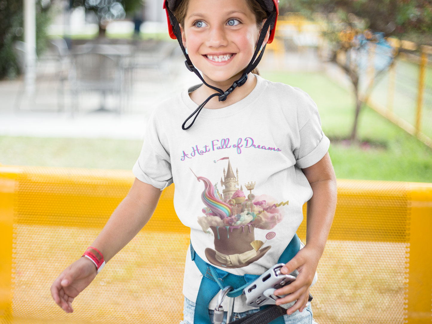 Fairytale Top Hat Full of Dreams. Kids T-Shirt: Bursting with Magic in Blue, Pink, White, and Black. Unisex Heavy cotton.