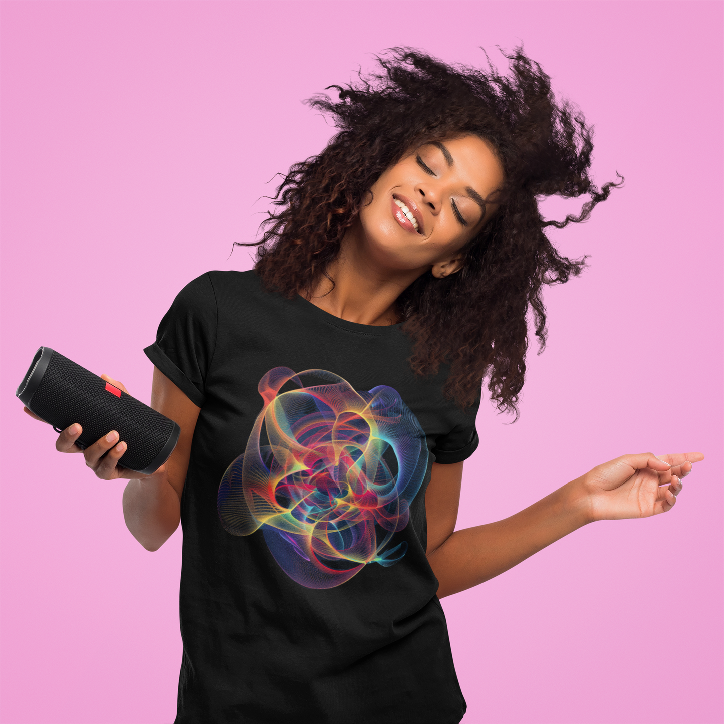 Embrace Chaos: Vibrant Chaos Theory Design on Black Unisex T-Shirt