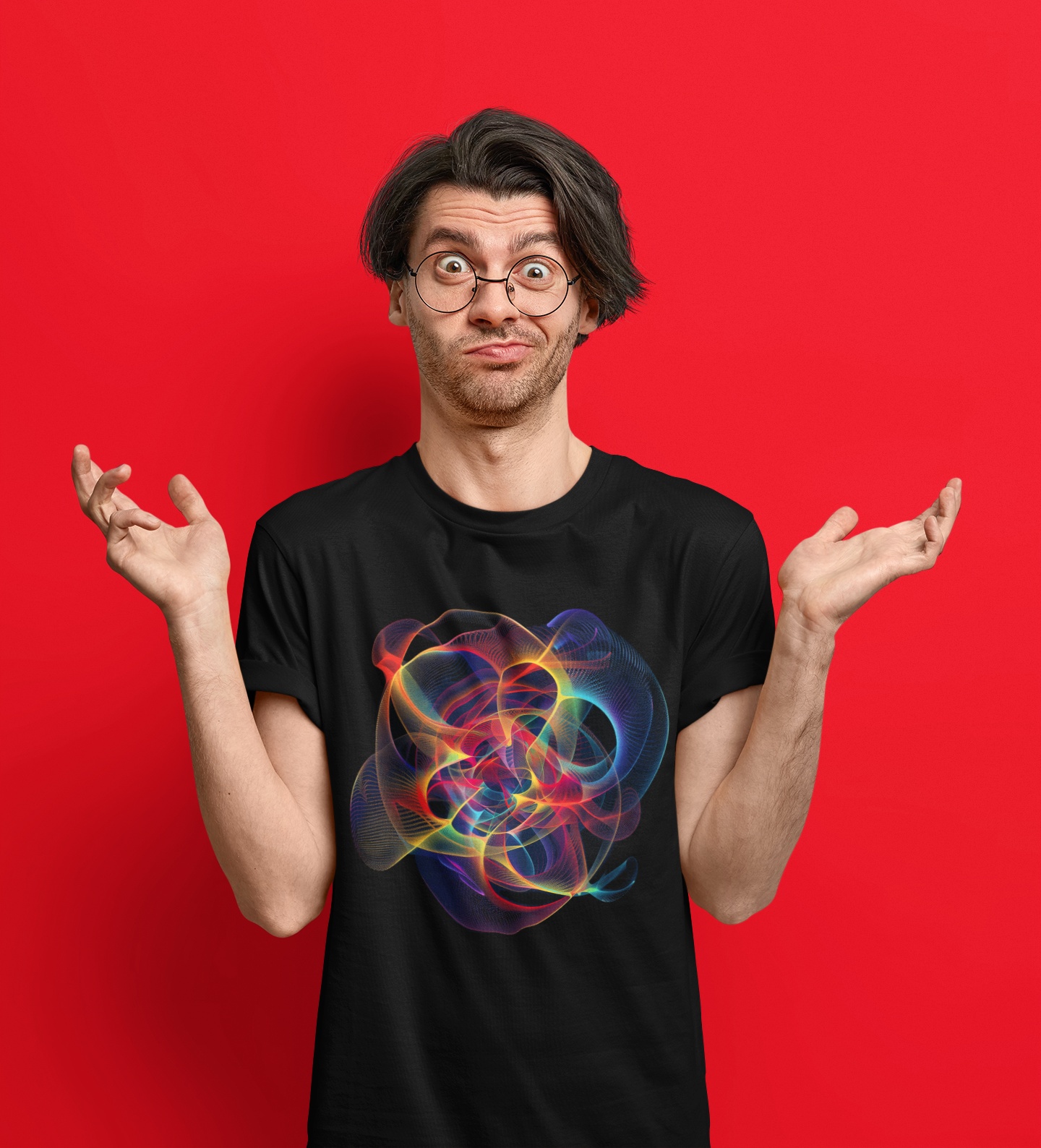 Embrace Chaos: Vibrant Chaos Theory Design on Black Unisex T-Shirt