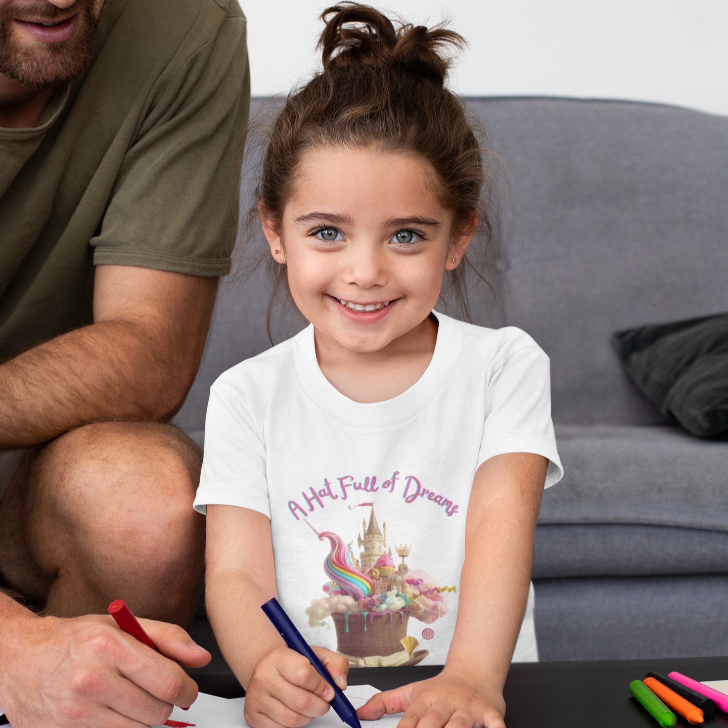 Fairytale Top Hat Full of Dreams. Kids T-Shirt: Bursting with Magic in Blue, Pink, White, and Black. Unisex Heavy cotton.